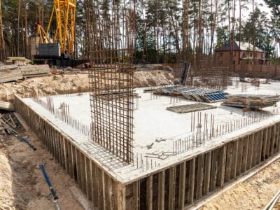 Design of reinforcement cage of reinforcement for concrete frame house, brick house, formwork for concrete pouring, construction site, working crane, construction of houses